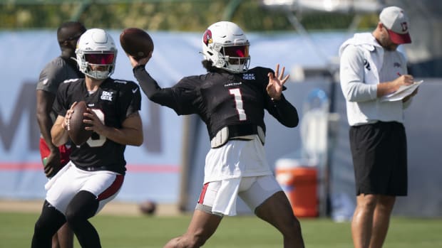 Arizona Cardinals quarterback Kyler Murray (1) throws a pass during a joint training camp practice against the Tennessee Titans at Ascension Saint Thomas Sports Park. Mandatory Credit: George Walker IV-USA TODAY Sports